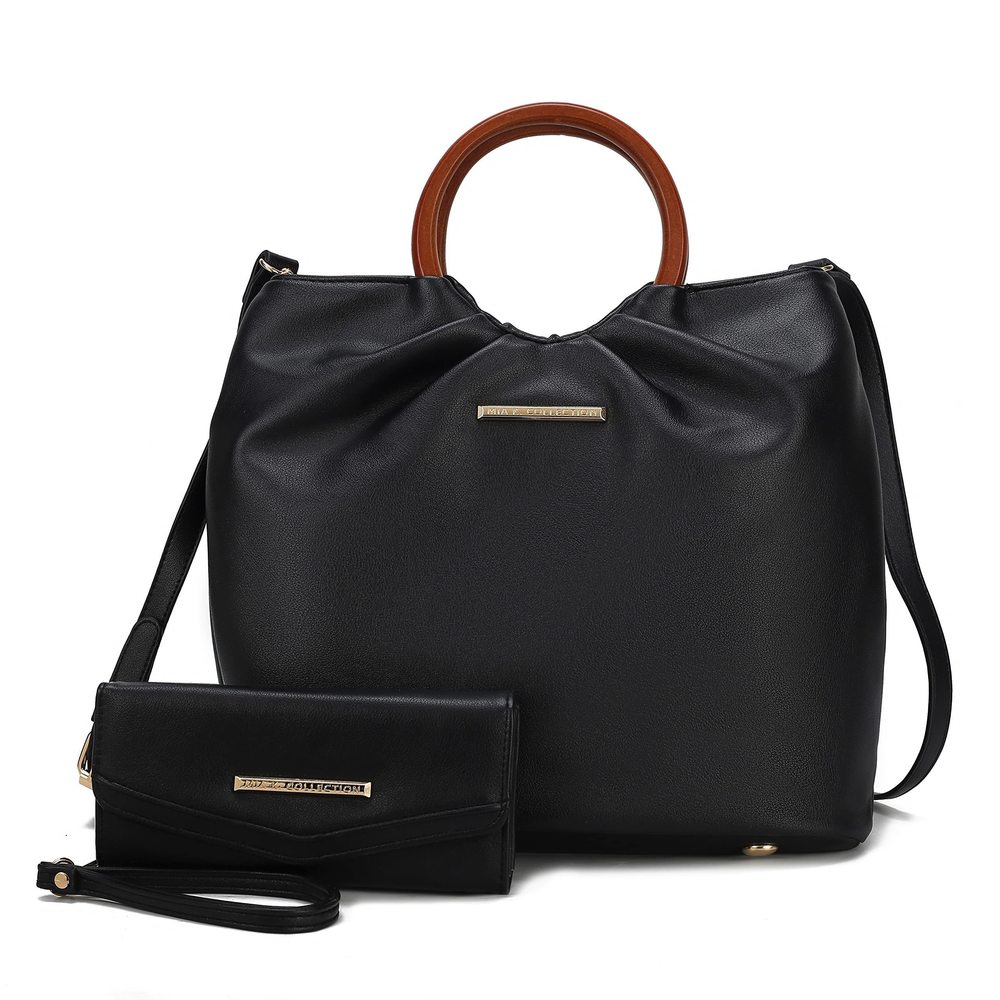 Tote Bag Set, Vegan Leather Circular Wooden Top-Handle Shoulder :'D